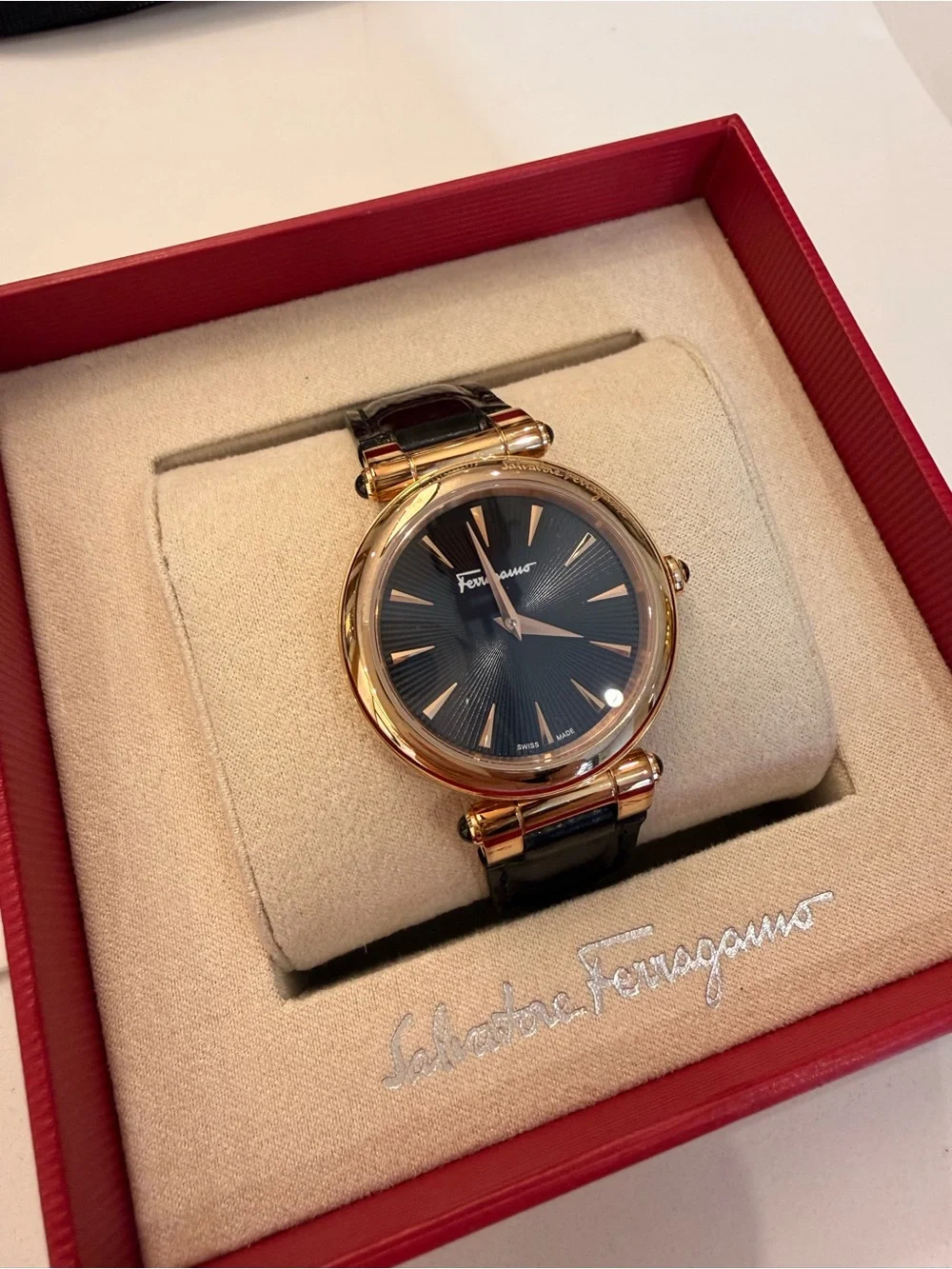 Salvatore Ferragamo Idillio SFYP01122 Black Croc Embossed 36mm Rose Gold Watch